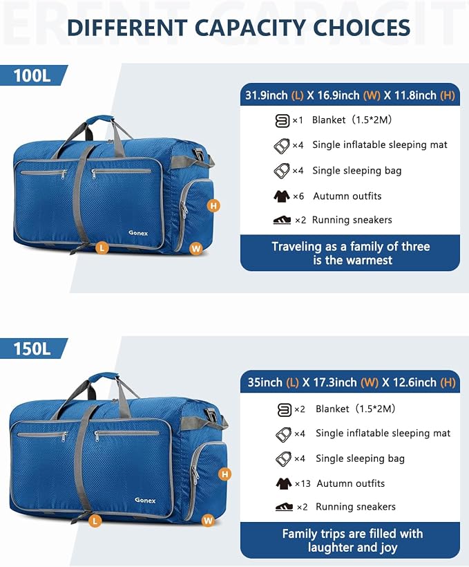 Gonex Large Foldable Travel Duffle Bag with Shoes Compartment, Packable Lightweight Water Repellent Duffel Bag for Camping Gym Weekender Bag