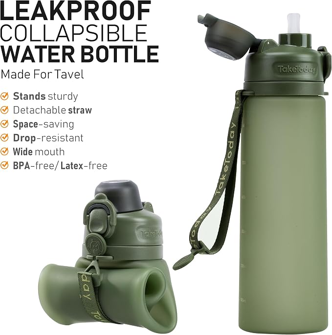 TakeToday Collapsible Water Bottles 32oz Black and Jungle 20oz, Foldable Travel Water Bottle with Strap, BPA Free, Silicone Water Bottle Leakproof for Hiking, International Travel, Outdoors