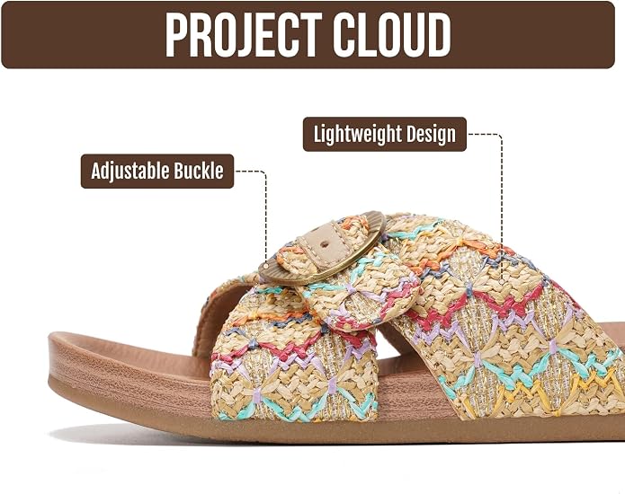 Project Cloud Womens Sandals - Adjustable Buckle Sandals for Women 2026 with Plush Insole - Lightweight & Non Slip Slides for Women Footwear