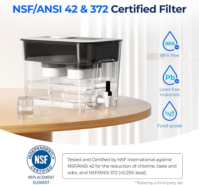 Waterdrop WFD-22L-DF Water Filter Dispenser, 40-Cup Water Purifier, 2 Built-in Filters, 8X Faster Filtration, 400-Gallon Lifespan, 10X Longer Lifetime, Reduces Chlorine, PFOA/PFOS, Black