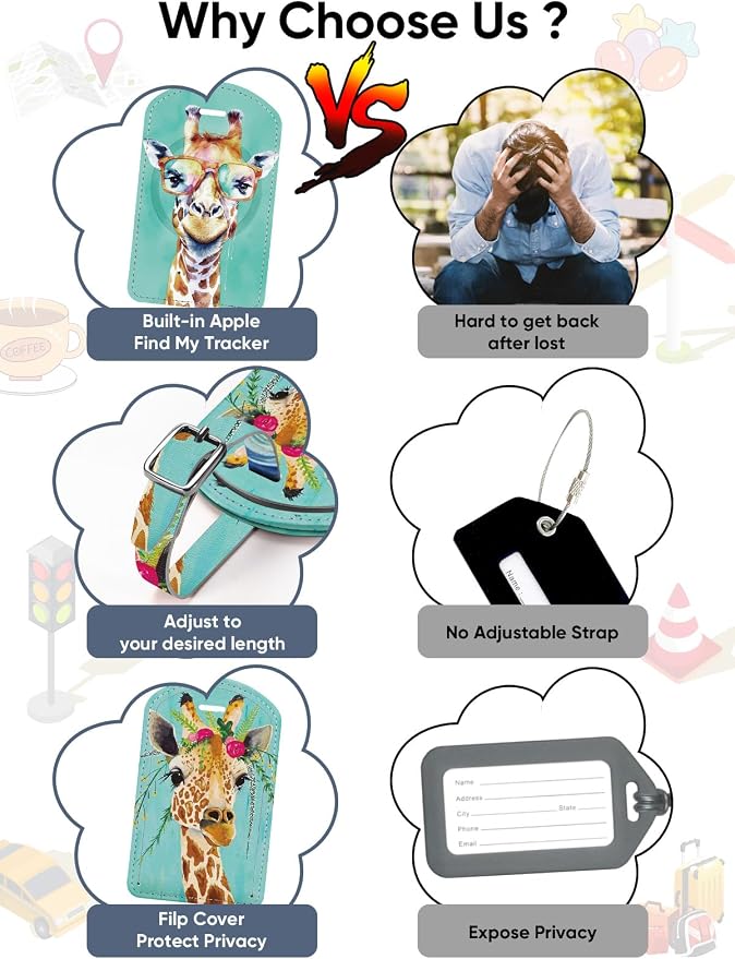 Luggage Tags Built-in Anti-Loss Tracker & Luxury Leather(Giraffe) | for Suitcase, Travel Bags, Backpacks, Travel Organizer for Lost Baggage Prevention