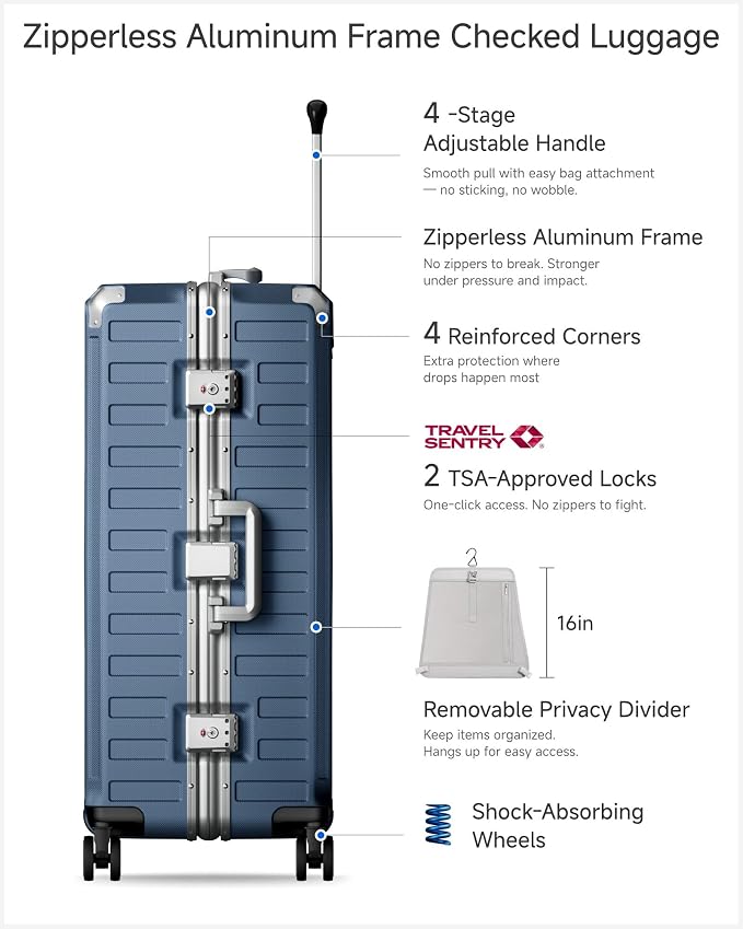 Luggage Sets with Spinner Wheels, 8010S Aluminum Frame Zipperless Polycarbonate Hard Shell Suitcase Sets (ZX-Core, Blue, 2 Piece (20/28))