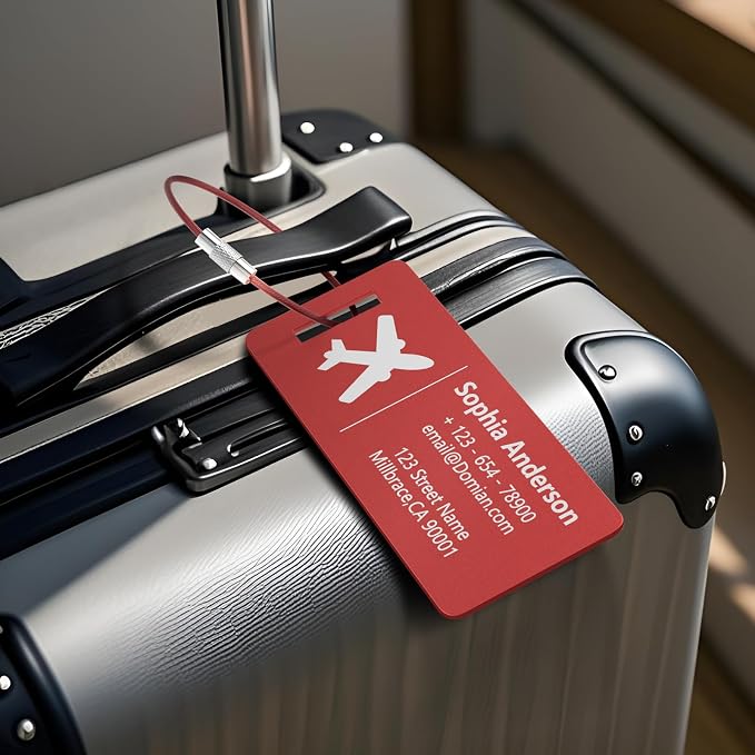 10 Personalized Metal Luggage Tags, Custom Suitcase Aluminum Name Tags with Steel Ring, Laser Engraved Name and Logo, for Travel, Backpack, Baggage, Golf Bag (Red)