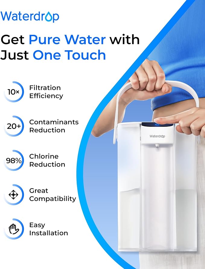 Waterdrop EDFX Water Filter Replacement for Waterdrop ED61 Rechargeable Water Filter Dispenser, 200-Gallon Long-Life, 10X Filtration Efficiency, Reduce 98% Chlorine and 20+ Contaminants, 3 Pack