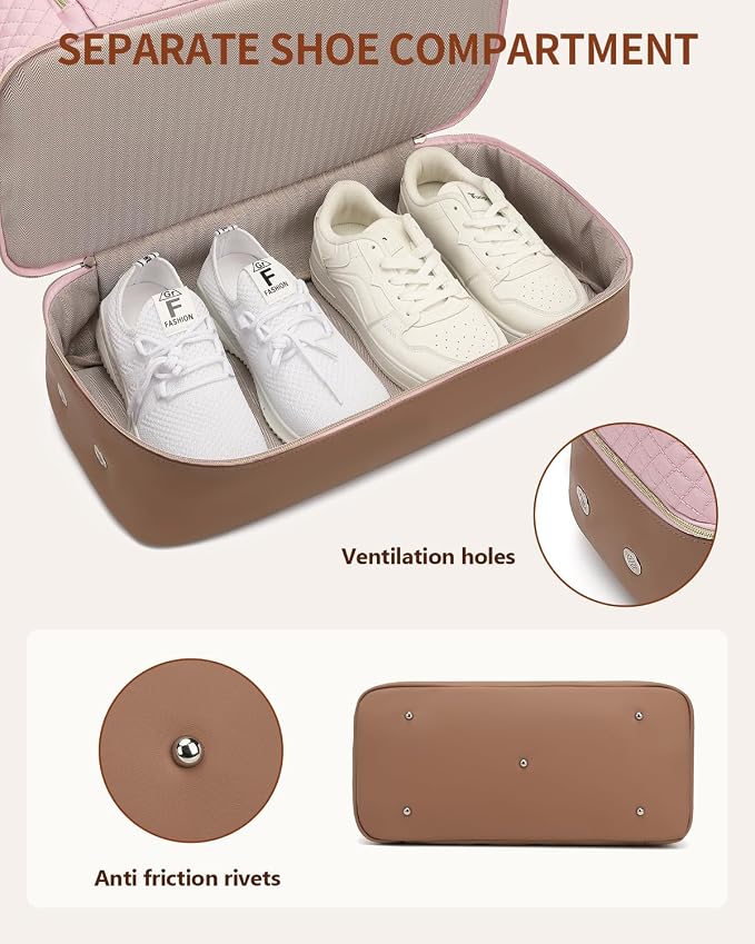 Weekender Bags for Women Travel, Under Seat Carry On Bags for Airplanes Overnight Bag with Shoe Compartment Luggage Sleeve, Foldie Travel Tote Bag Hospital Bag, Travel Gifts, Pink Brown