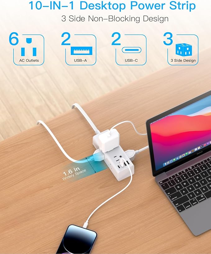 25Ft Extension Cord with Multiple Outlets, Flat Plug Power Strip Surge Protector with 20 Ft Long Cord, 6 Outlet 4 USB Ports (2 USB C), Multi Outlet Wall Plug for College, Dorm Room Essentials(White)