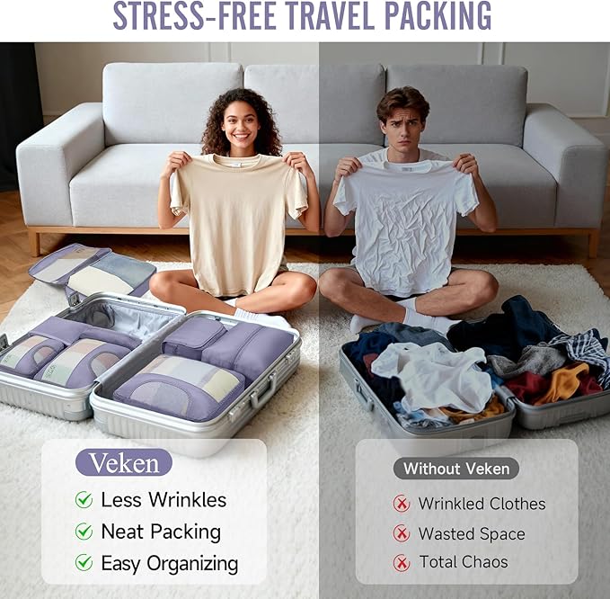 Veken 10 Set Packing Cubes for Travel Essentials, Suitcase Organizer Bags in 4 Sizes, Carry-On Luggage Accessories with Large Laundry Bag & Passport Holder, Must-Have for Airplane, Road Trip & Camping