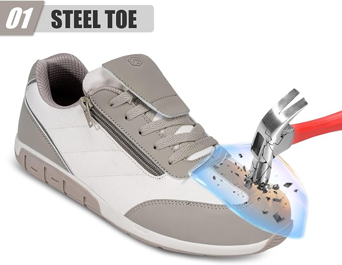 LARNMERN Steel Toe Shoes Men Zipper Safety Work Sneakers | wear-resistant leather, rubber outsole, easy slip on, lightweight and comfortable, reflective, protects shoelaces