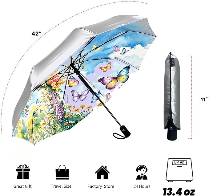 SIEPASA Compact Travel Umbrella - Windproof Auto Open/Close, Small Folding Umbrella for Rain & Sun with UPF50+ - Lightweight Frame, Waterproof - Fits Backpack, Purse, Suitcase.(Silver/Butterfly)