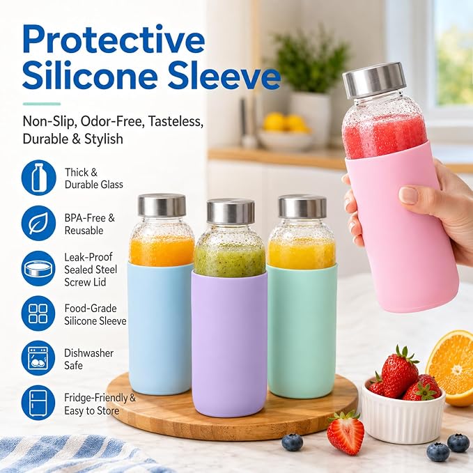 Luxfuel 16 oz Glass Juice Bottles with Lids & Silicone Sleeves, 4 Pack Reusable Glass Water Bottles with Stainless Steel Cap for Juicing, Smoothies & Refrigerator, Leak-Proof,BPA-Free Juice Containers