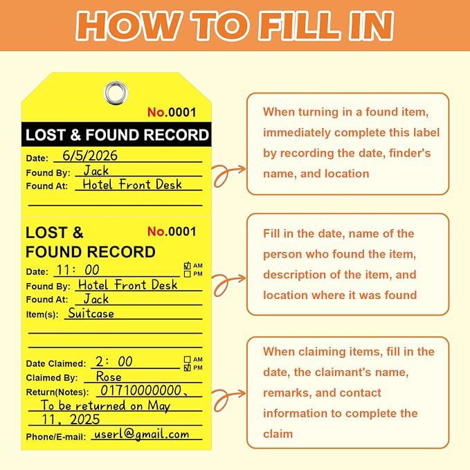 100 Pcs Lost and Found Tags with String & Marker Fluorescent Yellow Lost & Found Record Tags 5 1/4" x 2 5/8" Hotel Luggage Tags Lost and Found Labels Property Tag for Hotel Restaurants Luggage Storage