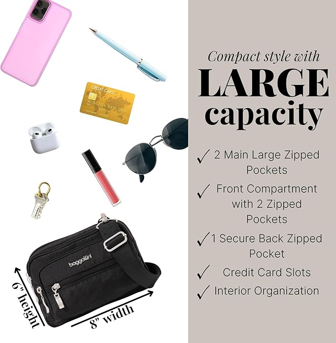 Baggallini Triple Zip Small Crossbody Bag for Women - Lightweight Convertible Fanny Pack Belt Bag