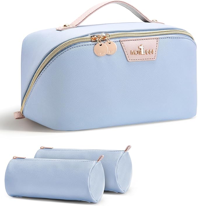 Travel Makeup Bag for Women: 3-in-1 Large Capacity Cosmetics Organizer with 2 Detachable Pouch - Vegan Leather Flat Open Toiletry Bag - Travel Essentials for Full-Sized Bottles(Light Blue)