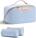 Travel Makeup Bag for Women: 3-in-1 Large Capacity Cosmetics Organizer with 2 Detachable Pouch - Vegan Leather Flat Open Toiletry Bag - Travel Essentials for Full-Sized Bottles(Light Blue)
