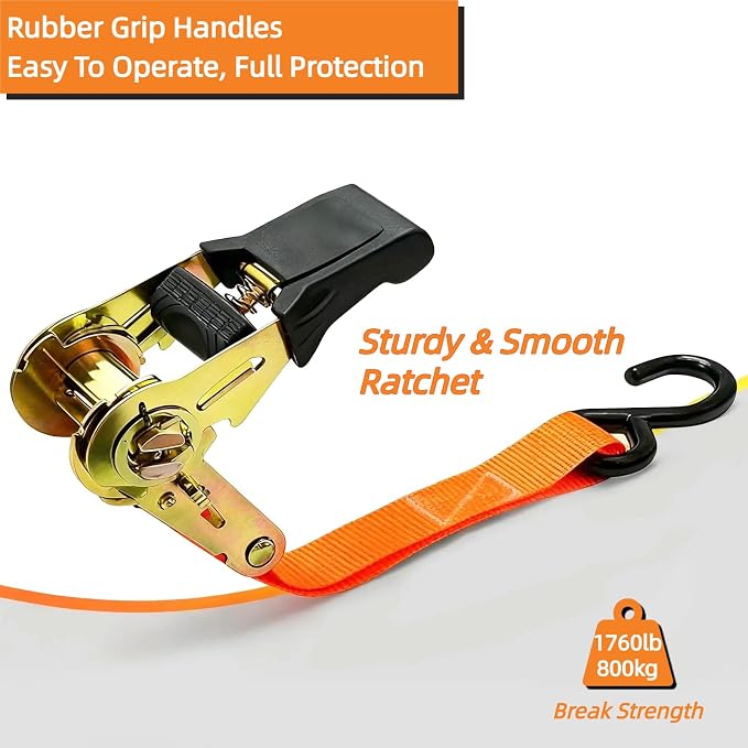 8PK Ratchet Tie Down Straps - 1in x 16feet, 1760LBS Break Strength, 8 Soft Loops, Wear-Resistant Webbing with Non-Slip Rubber Handle, S-Hooks & Storage Bag