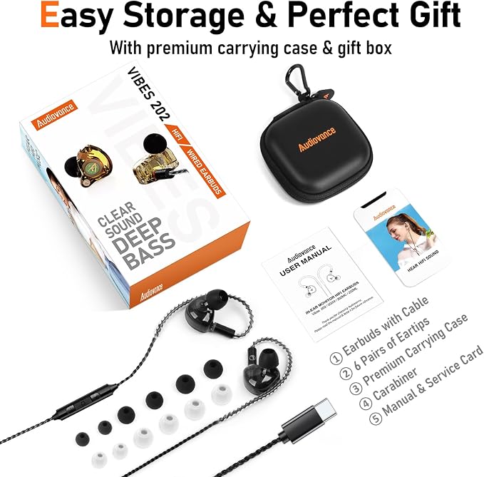 Vibes 202MC USB-C Wired Earbuds - USBC HiFi in Ear Headphones for iPhone 17/16/15 - Noise Isolating Ear Buds w/ Mic - Clear Sound, Deep Bass & Comfort-Fit Earphones - Silver Plated Cord, Carrying Case
