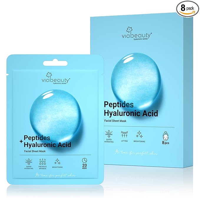 VIABEAUTY 8 Pack Hyaluronic Acid Face Mask with Peptides Complex - Deep Hydrating & Brightening Facial Sheet Mask - Moisturizing Face Masks Skincare Facial Sheets for All Skin Types