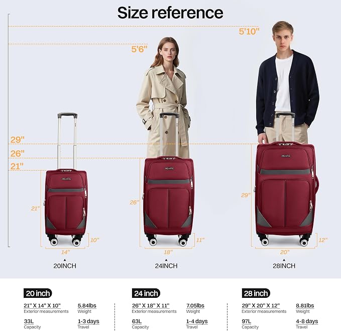 2-Piece Set Front Opening,Softside Luggage Sets w/Double Spinner Wheels Expandable Luggage,Lightweight Travel Luggage Rolling Suitcase w/LOCK（Burgundy-Grey,20in/28in）