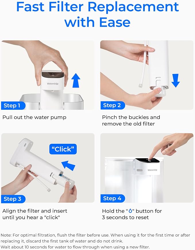 Waterdrop EDFX Water Filter Replacement for Waterdrop ED61 Rechargeable Water Filter Dispenser, 200-Gallon Long-Life, 10X Filtration Efficiency, Reduce 98% Chlorine and 20+ Contaminants, 3 Pack