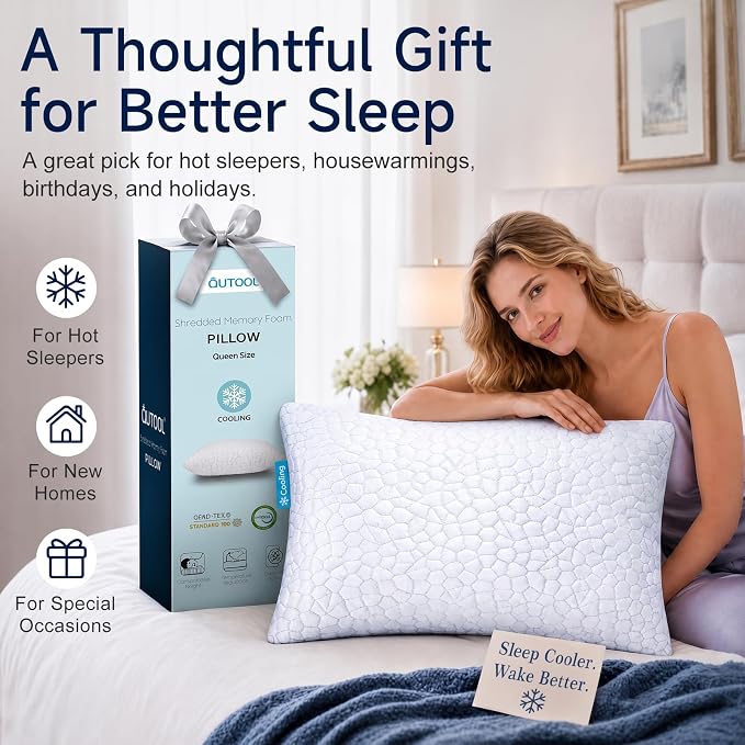 QUTOOL Cooling Pillow for Sleeping, CertiPUR-US Shredded Memory Foam Standard Pillow Set of 1, Cool Pillow for Hot Sleepers Adjustable Firm Pillow for Side,Back,Stomach Sleepers Soft Yet Support,White