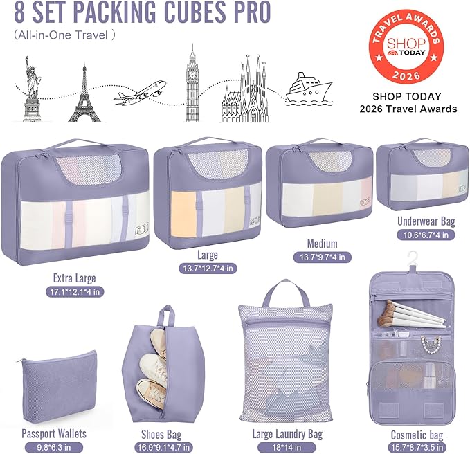 Veken 8 Set Packing Cubes for Travel Essentials, Suitcase Organizer Bags in 4 Sizes, Carry-On Luggage Accessories with Large Laundry Bag & Passport Holder, Must-Have for Airplane, Road Trip & Camping