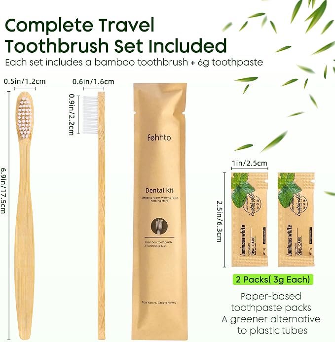 10 Pack Bamboo Toothbrushes Kit, Disposable Travel Toothbrushes with Toothpaste (6g), Individually Wrapped Guest Dental Kit for Hotel Amenities, Airbnb Hosts, Travel & Camping