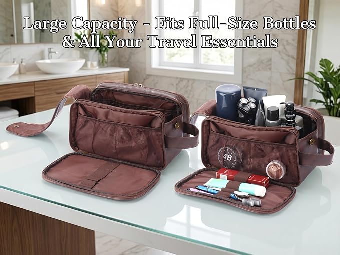 OXYEFEI Personalized Gifts for Men, Personalized Large Toiletry Bag for Men,Custom PU Leather Waterproof Mens Toiletry Travel with Initial Essential Dopp Kit Shaving Bag (P, Tea Brown)