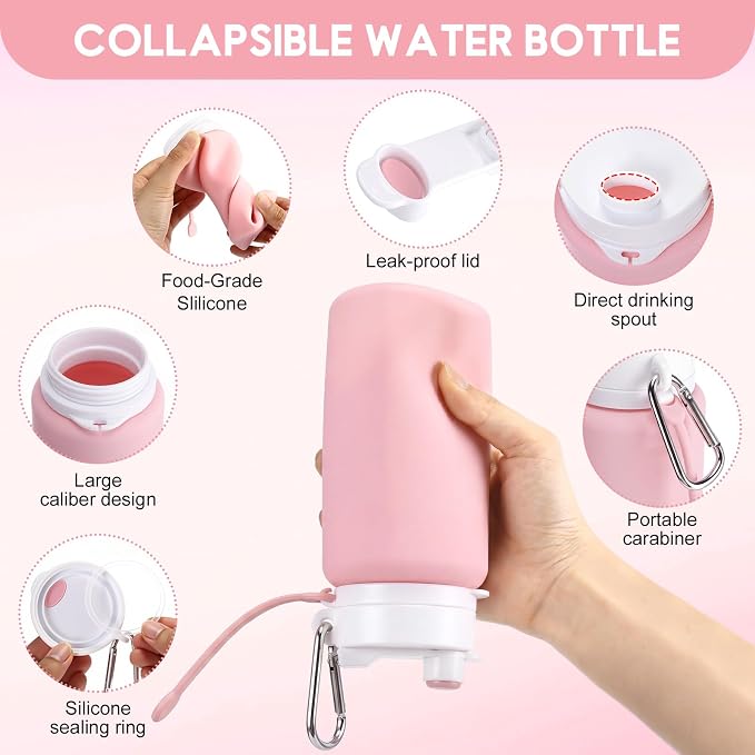 LemonRoad 2 Pcs 19 oz Silicone Collapsible Water Bottle Portable Foldable Water Bottle Leakproof with Carabiner Reusable Lightweight for Travel Sport Hiking Camping Cycling Office(Pink Blue)