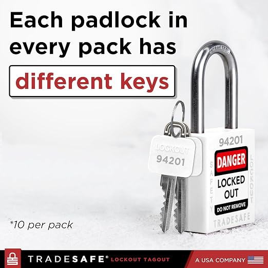 TRADESAFE Lockout Tagout Locks Set - 10 White Loto Locks, Keyed Different Lock Out Tag Out Padlocks, 2 Keys Per Lock, OSHA Compliant Lockout Locks