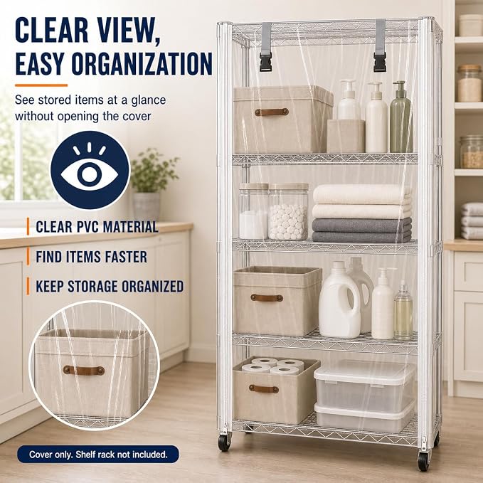 Clear Wire Rack Cover for Wire Shelving – Heavy-Duty PVC Dustproof Storage Rack Protector with Dual Front Zippers, 48" x 24" x 72" (Cover Only)
