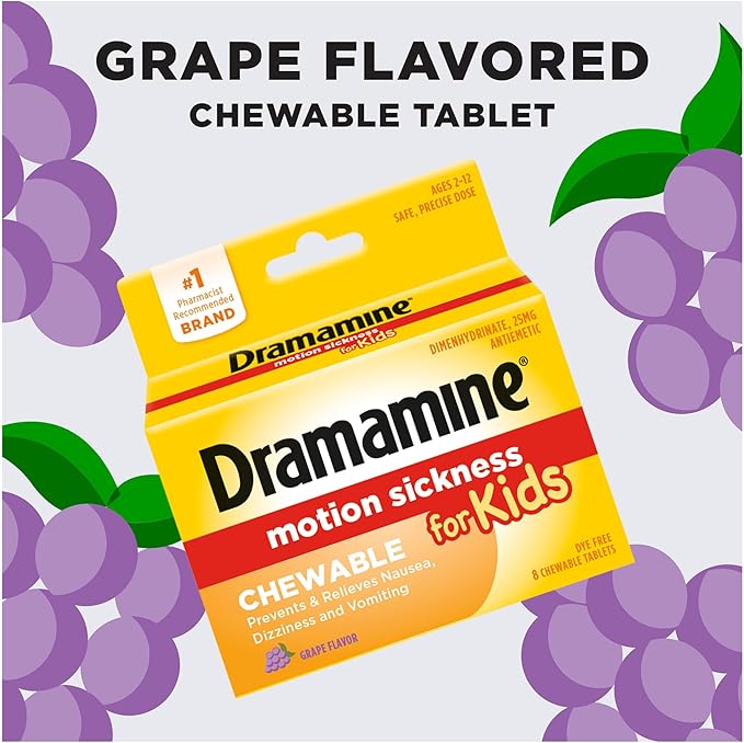 Dramamine Motion Sickness Relief for Kids - Chewable Grape Flavor, 8 Count (Pack of 2)