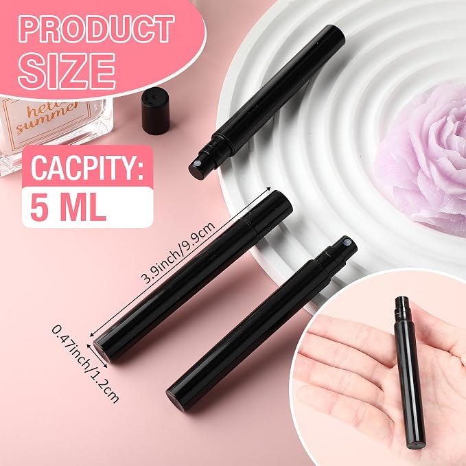Tanlade 300 Pcs 5ml Mini Spray Bottles Refillable Black Plastic Travel Perfume Atomizer Mouthwash Bottle Cologne Small Sample Containers for Essential Oils Retailers