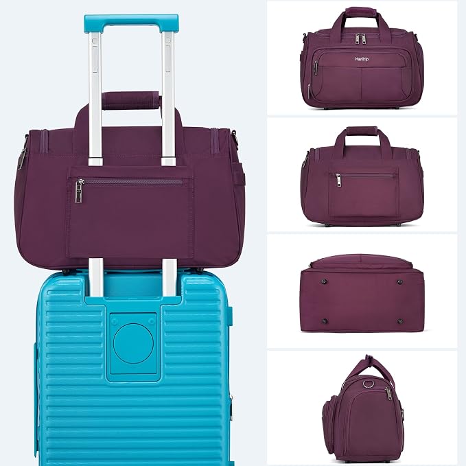 HanTrip Carry on Duffel Bag Foldable Duffle Bags for Travel, Under Seat Personal Item Bags for Airplanes, Weekender Overnight Mens Travel Tote Bag for Women Small Softside Carry on Luggage (Purple)