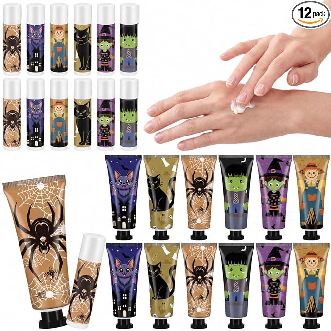 12 Pack Halloween Hand Cream and Lip Balm Gifts Sets for Women Mini Hand Lotion Bulk Travel Size Moisturizing Cream Halloween Party Favors for Boo Basket Stuffers 6 Natural Plant Fragrances