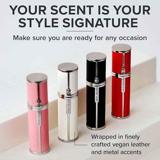 Travalo Milano Perfume Atomizer - Leak-Proof and TSA Approved for Air Travel - Reusable, Airtight, Easy Fill Mini Pump Sprayer - Lightweight, Vegan Leather with Polished Metal Outer Shell - White