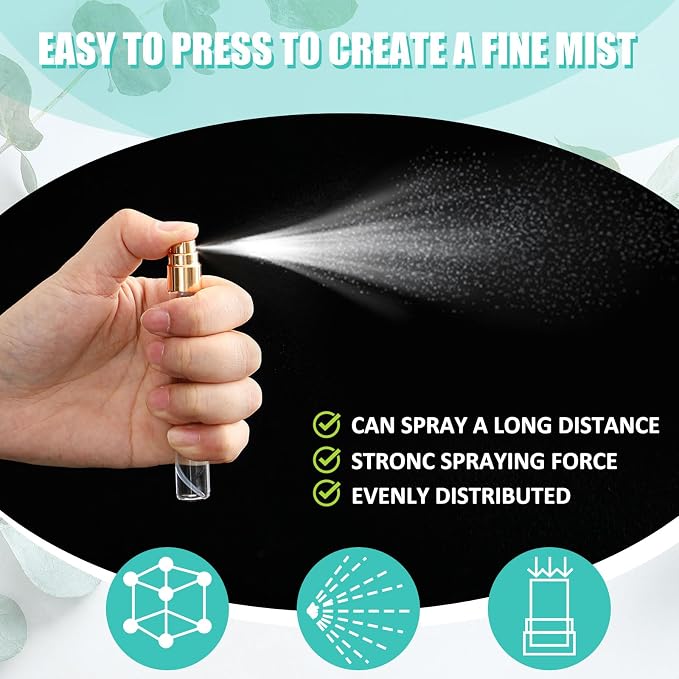 Zhehao 50 Pcs Mini Spray Bottles 10 ml Clear Glass Perfume Bottles Refillable Fine Mist Perfume Atomizer Portable Empty Sample Containers for Cleaning, Essential Oils, Travel (Gold Cap)