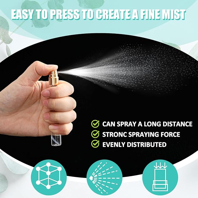 Zhehao 1 Pcs Mini Spray Bottles Clear Glass Perfume Bottles Refillable Fine Mist Perfume Atomizer Portable Empty Sample Containers for Cleaning, Essential Oils, Travel (Gold Cap,10 ml)