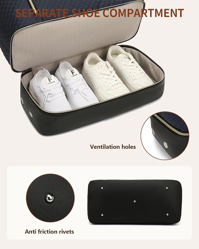 Weekender Bags for Women Travel, Under Seat Carry On Bags for Airplanes Overnight Bag with Shoe Compartment Luggage Sleeve, Foldie Travel Tote Bag Hospital Bag, Travel Gifts, Navy Black