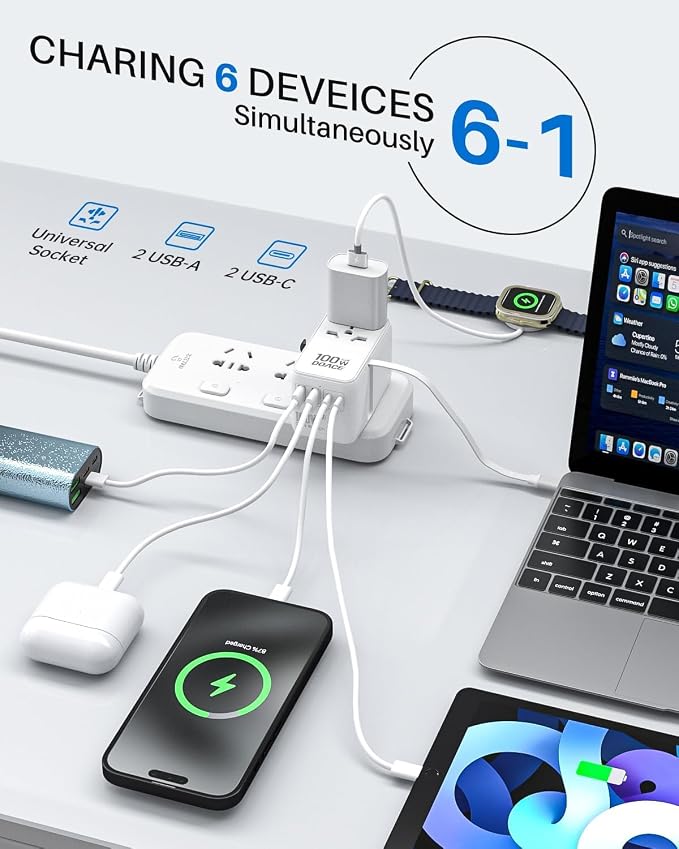 DOACE Universal Travel Adapter, 100W GaN 3.0 International Power Adapter with Built-in USB-C Cable, 6 in 1 Travel Adapter with 5 USB Ports, Plug Adapter Worldwide for EU/UK/USA/AUS(White)