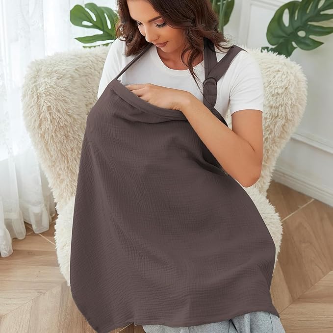 Muslin Nursing Cover for Baby Breastfeeding, Breathable 100% Cotton Breastfeeding Cover with Rigid Hoop for Mother Nursing Apron (Cocoa)
