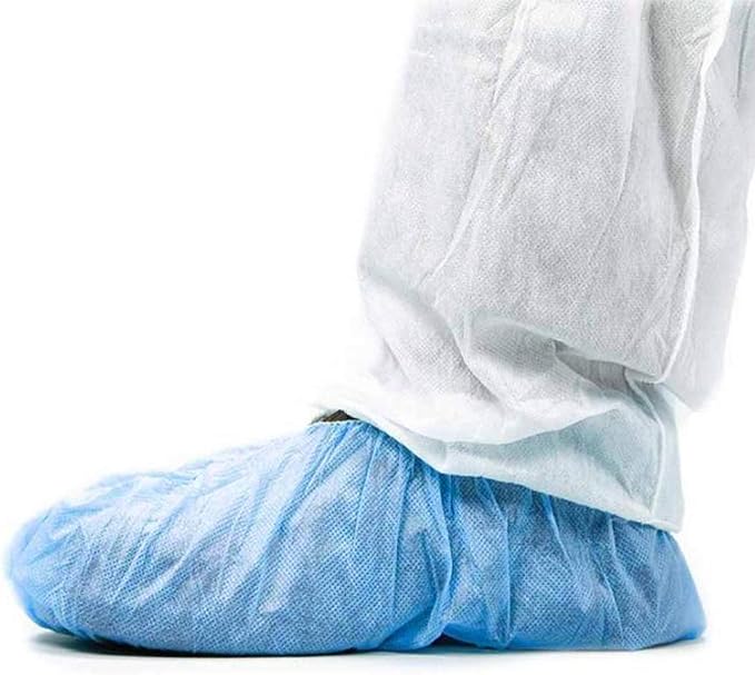 EZGOODZ Disposable Shoe Covers for Indoors and Outdoors 16" x 6.5", Pack of 100 Blue Splash-Proof Shoe Booties Disposable with Elastic Ankles, 50 gsm Polypropylene Disposable Booties to Cover Shoes