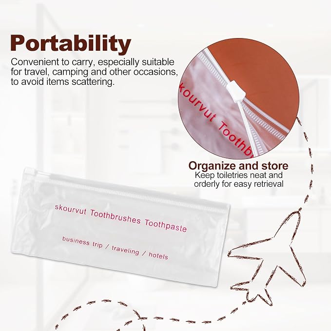 Disposable Toothbrushes with 45 Grams Toothpaste Individually Wrapped,Travel Kit White Plastic Zip Bag,Toothbrush Head Cover, Bulk Toothbrush for Homeless,Travel,Shelter,Air Bnb,Hotel,Guest (100)