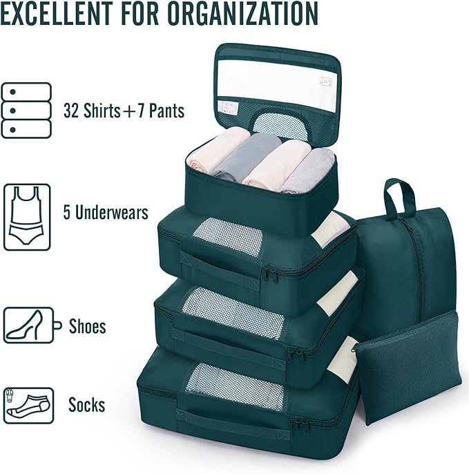 Veken 8 Set Packing Cubes for Travel Essentials, Suitcase Organizer Bags in 4 Sizes, Carry-On Luggage Accessories with Large Laundry Bag & Passport Holder, Must-Have for Airplane, Road Trip & Camping