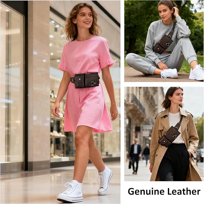 NIUCUNZH Genuine Leather Fanny Pack for Men Women Slim Waist Purses Sling Crossbody Bags Vintage Coffee