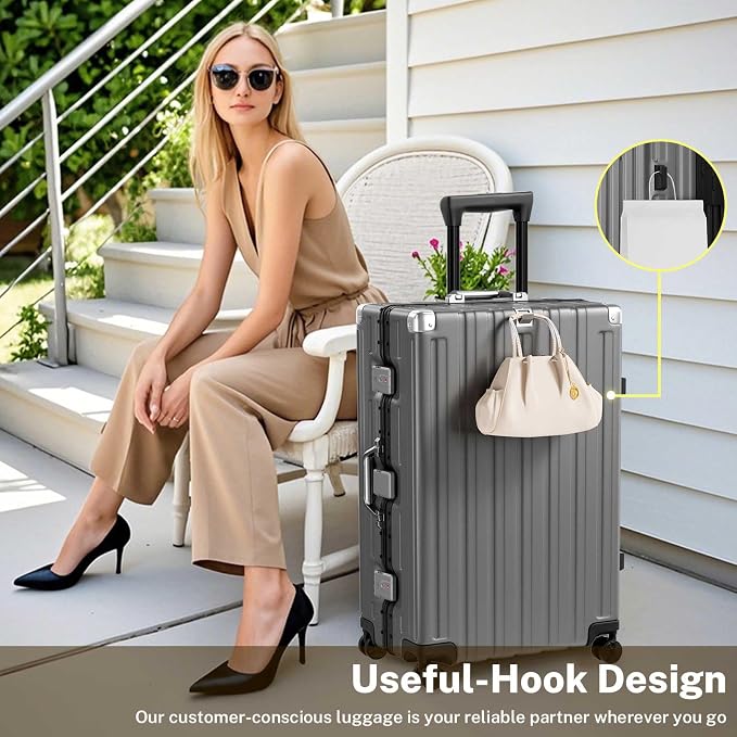 Krute Aluminum Frame Luggage 28 Inch Checked Suitcase with Spinner Wheels TSA Approved No Zipper Hard Shell Luggage PC+ABS Travel Suitcase Gray
