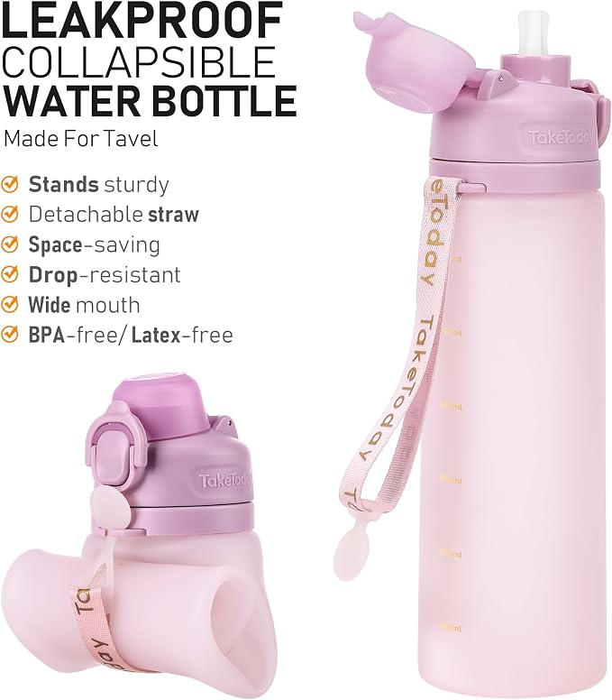 TakeToday Collapsible Water Bottles 20oz and 32oz, Leak Proof, BPA-Free, Foldable Silicone Travel Water Bottle with Straw Strap for Cycling, Hiking, Outdoors