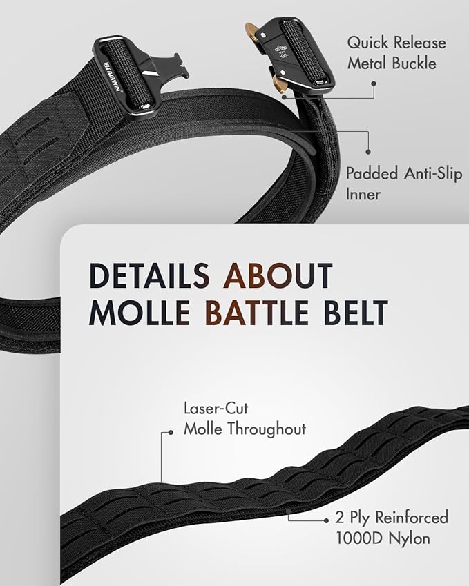 FAIRWIN Tactical Balttle Belt, 2" Molle Rigger War Combat Belt with Quick Release Buckle Law Enforcement Duty Belts for Men