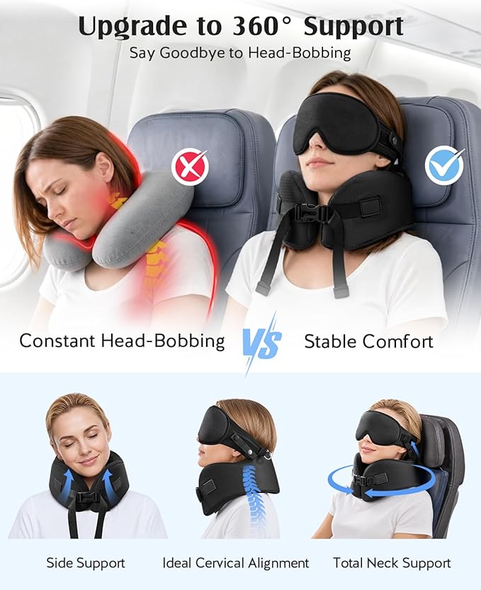 YFONG Travel Pillow for Long Flights, Patented 360° Ergonomic Sleeper Hold Head Support System with Memory Foam Neck Pillow & 3D Sleep Mask, Prevent Head Bobbing for Airplane & Road Trip, Black