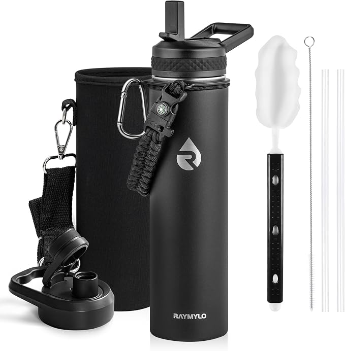 RAYMYLO Insulated Water Bottle 24 oz, Triple Wall Vacuum Stainless Steel (Cold for 24Hrs, Hot for 12Hrs), Leak Proof & Non-BPA, Modern Water Flask Jug with Paracord Handle & Straw Spout Lids