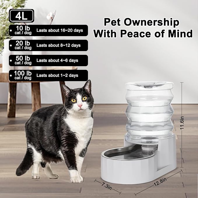 RIZZARI 4L White Pet Water Dispenser with Stainless Steel Bowl | Filter-Free Design,Automatic Gravity Water Supply,Spill-Resistant Base,Easy Water Refill,Durable PP Construction
